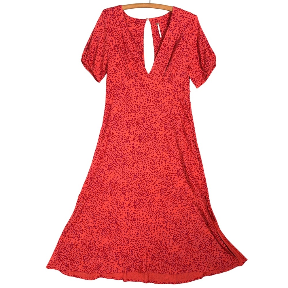 Free People Looking for Love Midi Dress Flame Combo Short Puff Sleeve Size 10